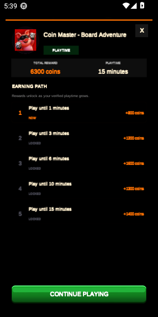 A playtime offer with an ordered earning path